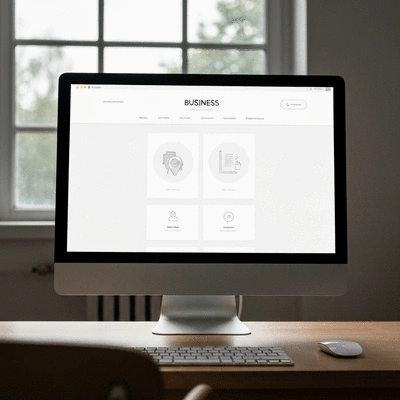 Modern website design on a desktop computer screen, showing a business website with clear navigation and appealing graphics, no text, no words, no typography, no labels, clean image