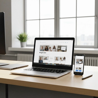 Modern office workspace with a laptop displaying a WordPress website and a smartphone, highlighting web design