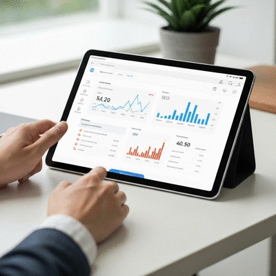 Hands interacting with a dashboard on a tablet showing website analytics and SEO metrics, representing digital marketing tools
