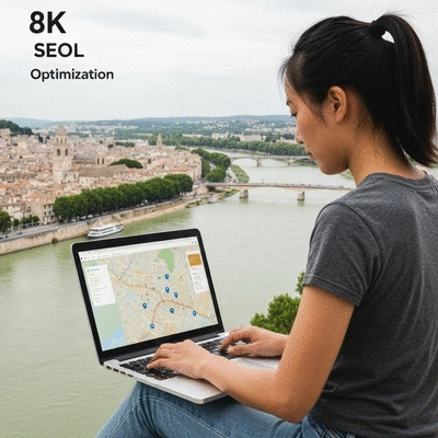 Personne travaillant sur un ordinateur portable avec une carte d'Avignon en arrière-plan, illustrant l'optimisation SEO locale, no text, no words, no typography, clean image