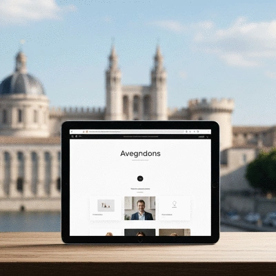 Modern website design on a tablet showing Avignon's landmarks in the background