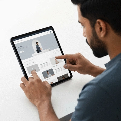 Personne utilisant une tablette avec un design web moderne et élégant