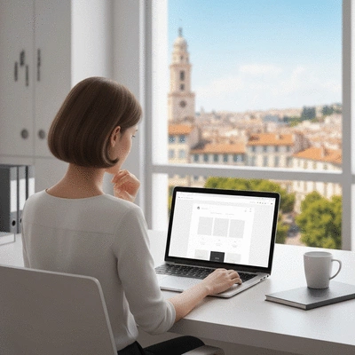 Person using a laptop to design a website, with Avignon cityscape in the background