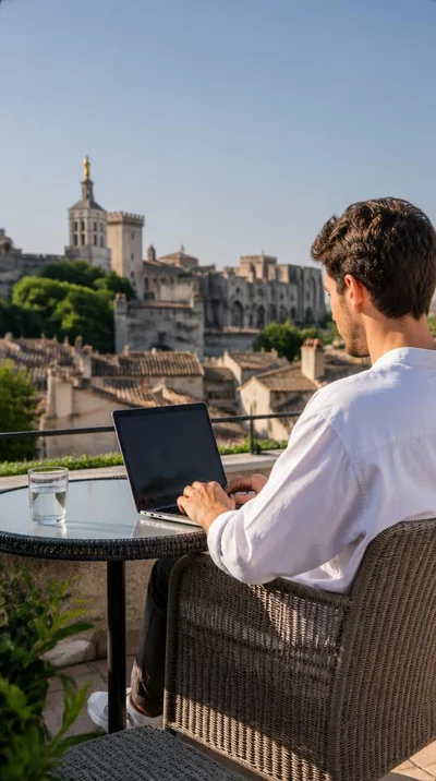 Person using a laptop to research web hosting options, with Avignon cityscape in background