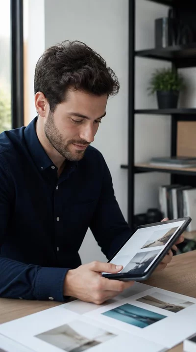 Person reviewing website design mockups on a tablet