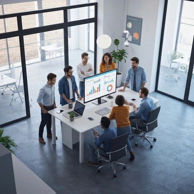 Diverse team of startup employees collaborating in a modern office, showing teamwork and growth, in Avignon