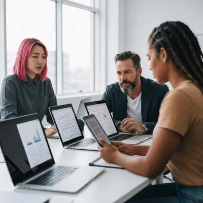 Web design agency team collaborating on a custom website project on laptops and tablets