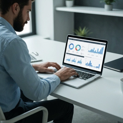 Personne travaillant sur un ordinateur portable affichant des graphiques de strat&eacute;gie digitale, no text, no words, no typography, clean image