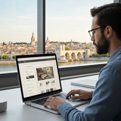 Person using a laptop to design a website, with Avignon cityscape in the background