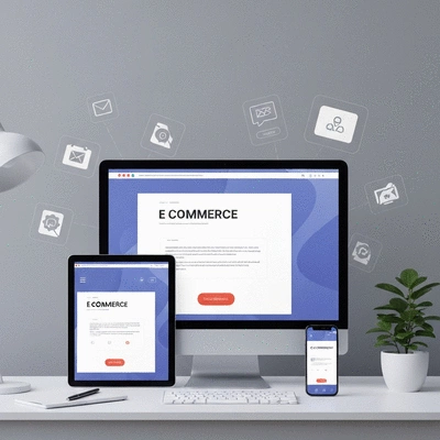 Modern e-commerce website design on a desktop computer, showcasing responsive theme and various plugin icons, no text, no words, no typography, clean image