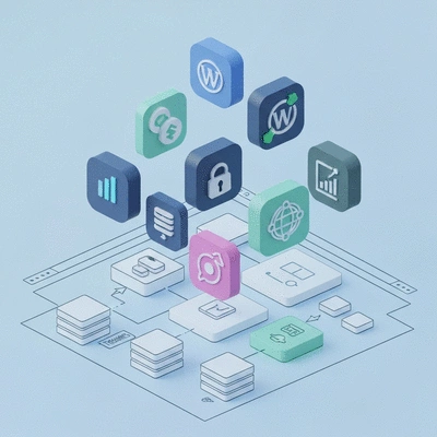Multiple WordPress plugin icons floating above a simplified website architecture