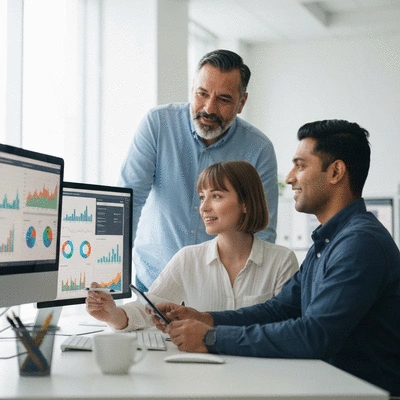 Three people in a modern office collaborating on a digital marketing strategy, symbolizing web agency collaboration