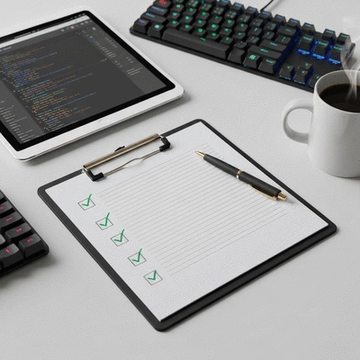 Checklist on a clipboard with a pen, surrounded by website development tools, clean image, no text, no words, no typography