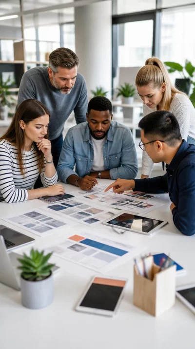 Web design agency team collaborating on a website project, diverse professionals, modern office