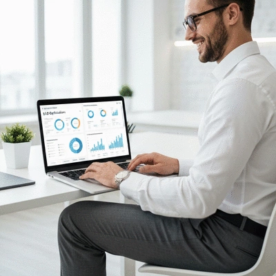 Person working on a laptop with graphs and charts on screen, representing SEO optimization