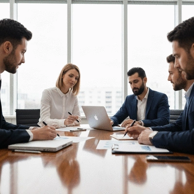 Diverse group of business professionals collaborating around a table with laptops and documents, representing strategic planning and expert consultation, no text, no words, no typography, clean image