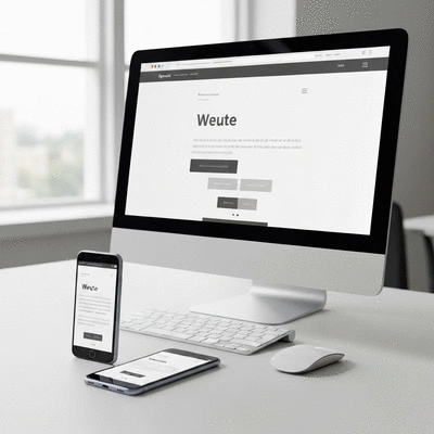 Modern website interface displayed on a desktop computer, showcasing responsive design on a tablet and smartphone in the foreground