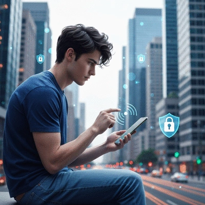 Personne utilisant la recherche vocale sur un smartphone avec un arrière-plan de ville moderne et des icônes de sécurité numérique, no text, no words, no typography, clean image