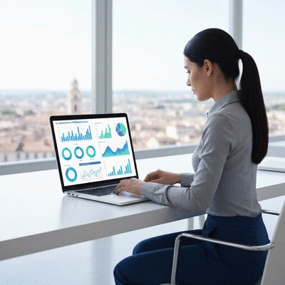 Person using a laptop to analyze e-commerce performance data with charts and graphs on screen, Avignon in the background, no text, no words, no typography, clean image