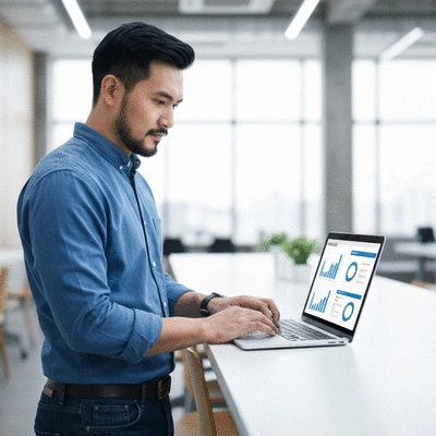 Person using a laptop with SEO analytics on screen, representing e-commerce optimization