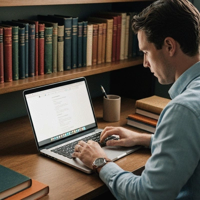 Person using a laptop with a modern website design, showing clear navigation menus and search bar, no text, no words, no typography, clean image
