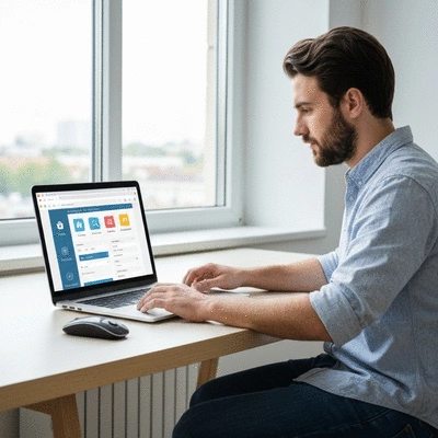 Person working on WordPress website with various plugin icons floating around, clean office environment