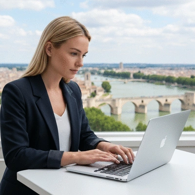 Person using a laptop to design a website, with Avignon cityscape in the background