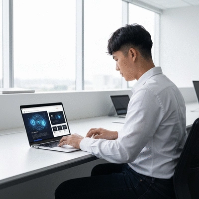 Personne travaillant sur un ordinateur portable affichant un site web moderne avec des graphiques d'IA et de RA, dans un bureau lumineux et moderne, no text, no words, no typography, clean image