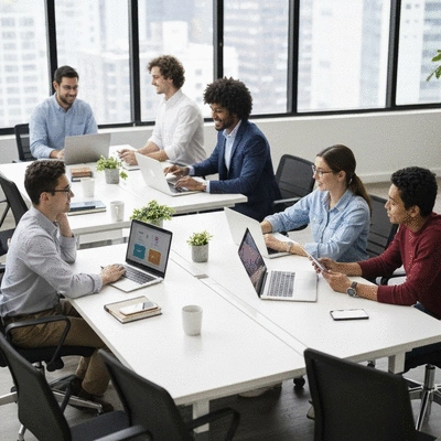 Modern office setting with people collaborating on digital marketing strategies