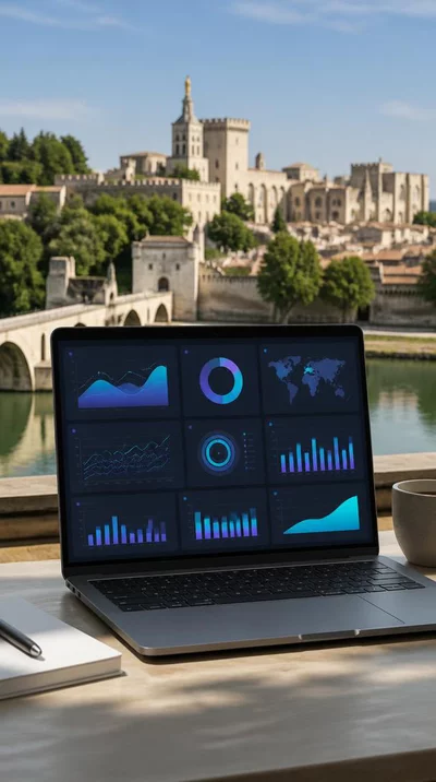 Data analytics dashboard on a laptop, showing charts and graphs related to e-commerce performance, with a subtle background of Avignon's cityscape, no text, no words, no typography, clean image