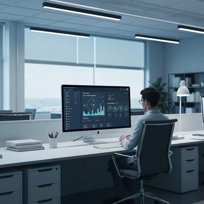 Modern office workspace with a cybersecurity dashboard on a monitor, showing data protection and threat analysis