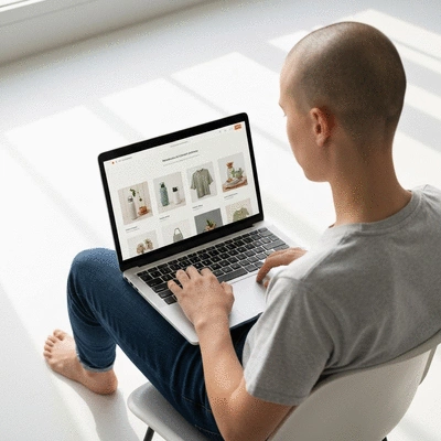 Person using a laptop to browse an e-commerce website, showing a modern and sustainable online store