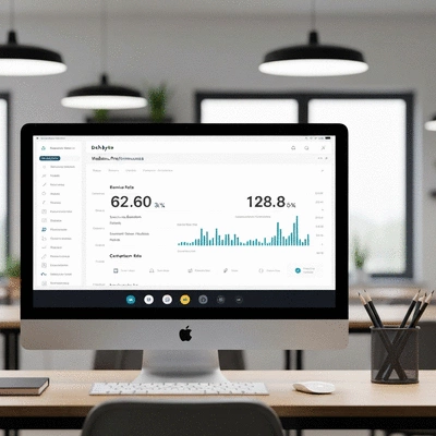 Data analytics dashboard showing website performance metrics like bounce rate, session duration, and conversion rates on a computer screen, clean image, no text, no words, no typography