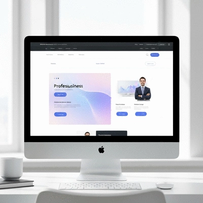 Modern website design on a desktop computer showing a successful business