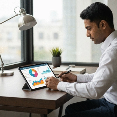 Person analyzing data on a tablet, with charts and graphs, representing local SEO analytics