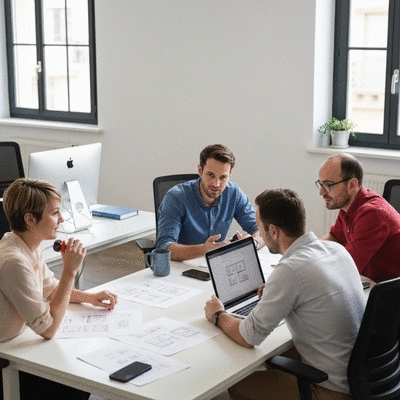 Web design agency team collaborating on a project in a modern office, Avignon