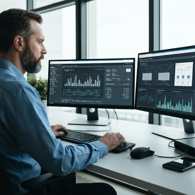 Cybersecurity professional working on securing a website with various digital security measures displayed on multiple screens, no text, no words, no typography, 8K
