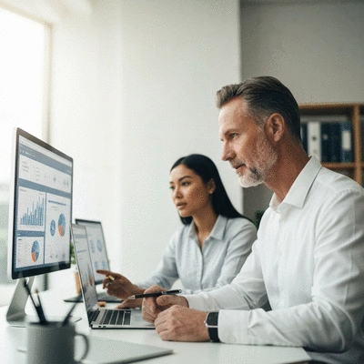 Modern business team collaborating on website development, with digital charts and data on screens in a bright office environment