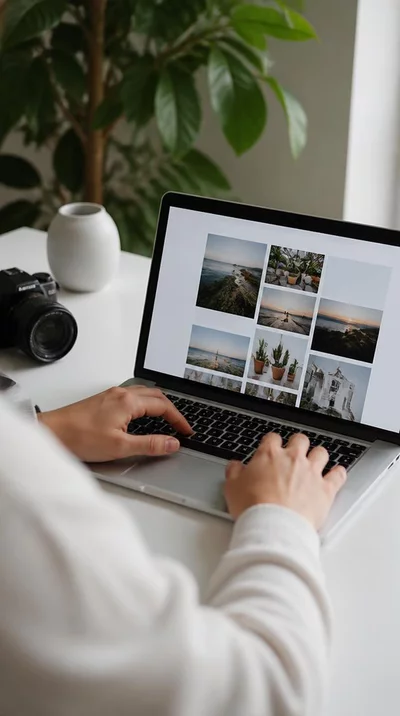 Person using a laptop to manage a WordPress blog, clean desk, natural lighting