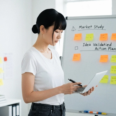 Person planning content on a whiteboard with sticky notes, representing strategic planning