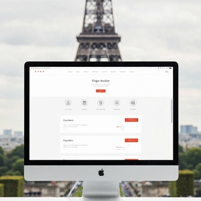 Modern website design on a desktop screen with Avignon cityscape in the background
