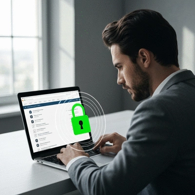 Cybersecurity expert analyzing website security on a laptop with a secure padlock icon overlay