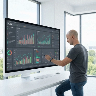 Personne analysant des données de blog sur un tableau de bord numérique, montrant le ROI et la croissance