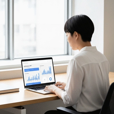 Person using a laptop to view a redesigned website with improved SEO metrics on screen, in a modern office setting. No text, no words, no typography, no labels, clean image.