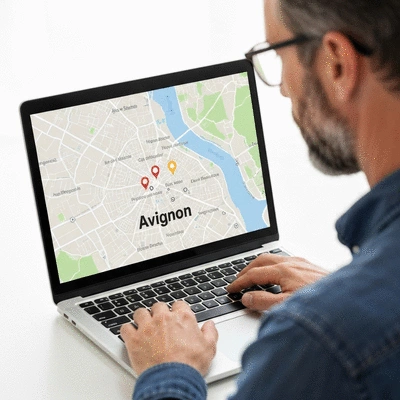Person using a laptop with Avignon map on screen