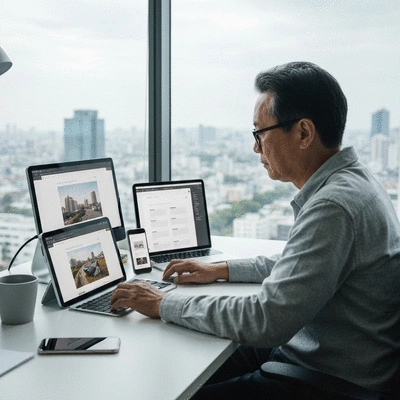 Web developer working on responsive design on multiple devices